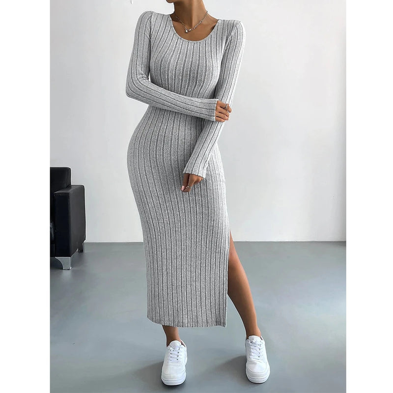 Vestido Feminino Mia Muse: Maxi Bodycon com Listras e Manga Longa Estilo Francês para o Outono