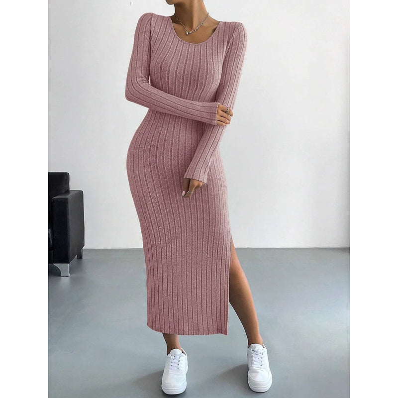 Vestido Feminino Mia Muse: Maxi Bodycon com Listras e Manga Longa Estilo Francês para o Outono